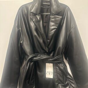 Zara Women's Sleek Black Belted Leather Jacket